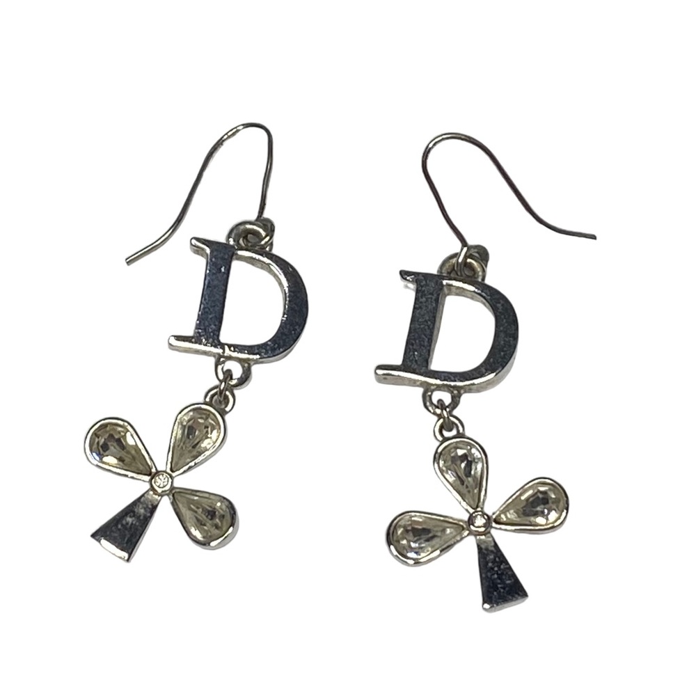 AUTH VTG Christian Dior Silver D Charm Logo Crystal Clover Dangle Hook Earrings - Picture 11 of 13